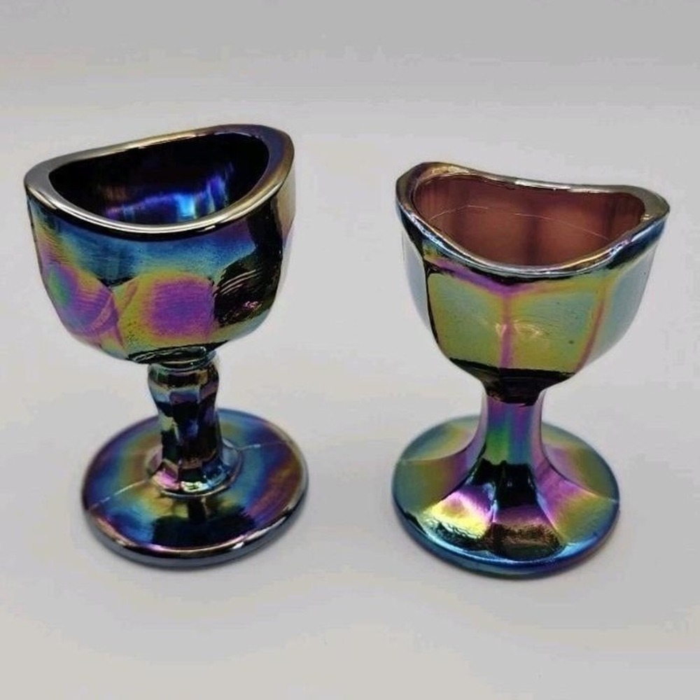 Lot 2 VTG Carnival Glass Eye Wash Cups Iridescent Optical Medical Amethyst